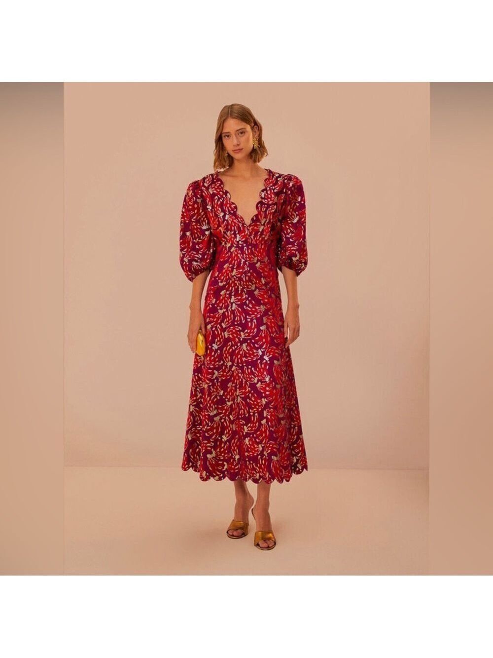 Farm Rio Burgundy Bossa Banana Jacquard Midi Dress